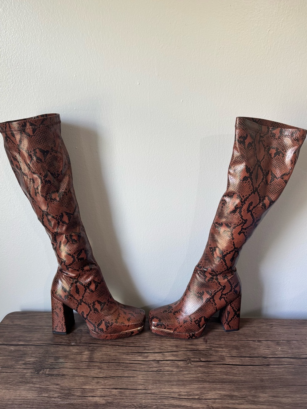 New Simmi London Wedge Hell Snake-Print Over-the-Knee Platform Boots in Brown